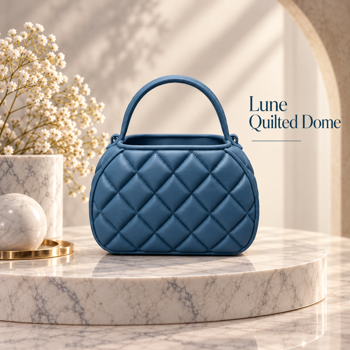 A blue quilted dome-shaped handbag with a top handle, displayed on a round marble pedestal. The background features a warm beige archway, soft shadows, and a vase of small white flowers.