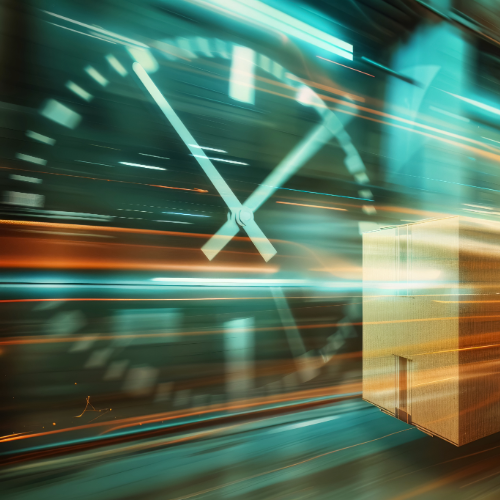 Fast delivery concept with a moving cardboard box and blurred clock background