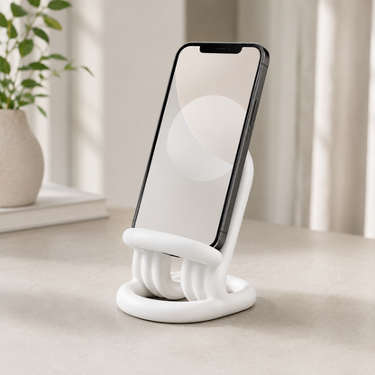 A white 3D-printed flexible phone stand holding a smartphone, set on a light beige tabletop with a soft-focus background of curtains and a potted plant.
