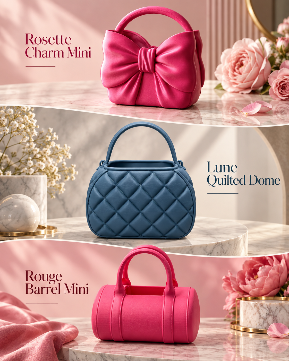 Three mini handbags are displayed on a pink marble surface with floral props and elegant text labels: Rosette Charm Mini in bright pink, Lune Quilted Dome in blue, and Rouge Barrel Mini in vivid pink. The scene is styled in a boutique-like setting with flowers, fabric, and decorative objects.