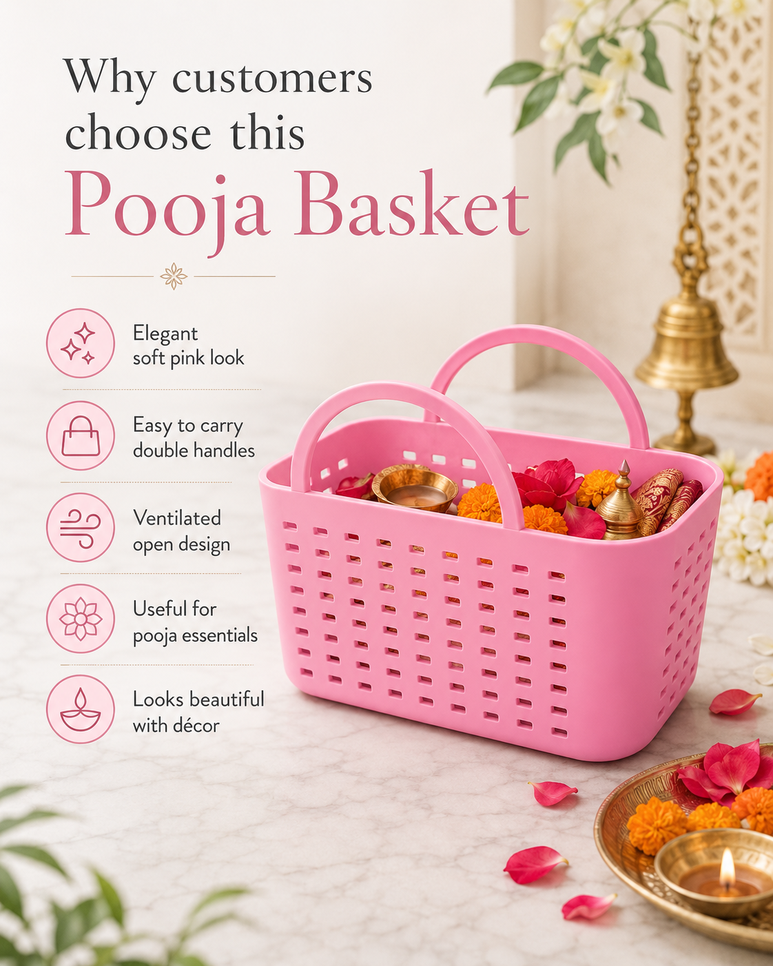 A pink plastic Pooja Basket filled with decorative items, shown on a marble surface with a brass lamp, flowers, and a lit lamp in the background. Text on the left lists features like elegant soft pink look, double handles, ventilated open design, usefulness for pooja essentials, and beautiful decorative look.