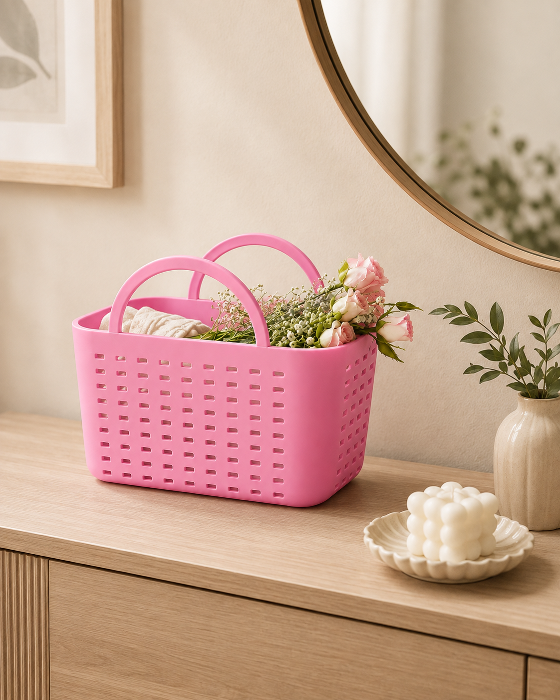 A pink plastic woven storage basket with two handles sits on a light wood vanity table, styled with flowers, a candle, and a mirror in a warm, neutral room.