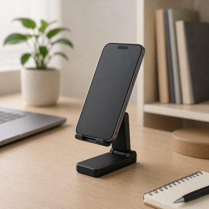 A black foldable smartphone stand holding a phone upright on a light wood desk, with a blurred plant, laptop, books, and notebook in the background.