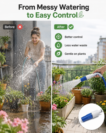 Before-and-after comparison graphic showing a woman watering potted plants with a garden hose on a balcony, alongside a demonstration of a blue and white spray nozzle attachment that makes watering easier. Text reads 'From Messy Watering to Easy Control'.