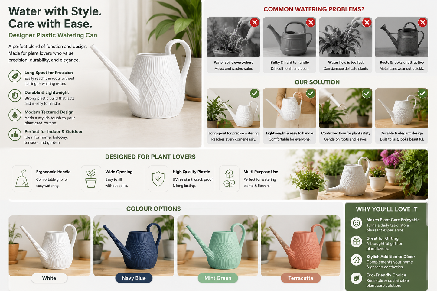 A promotional infographic for a designer plastic watering can, showing the product in white, navy blue, mint green, and terracotta colors. The graphic includes text highlighting benefits, common watering problems, usage examples, and color options, with corresponding illustrations of watering cans and watering plants.