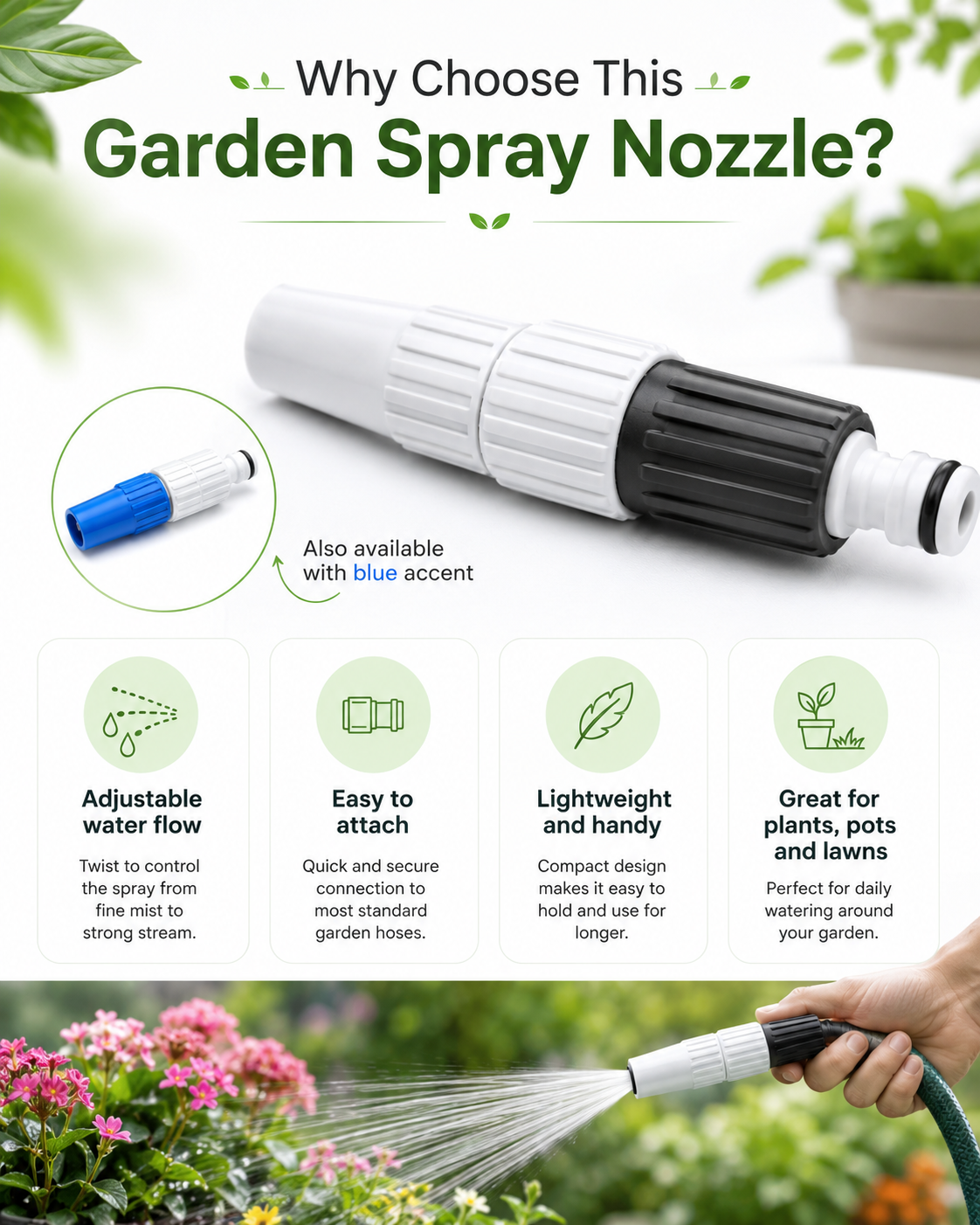 A garden spray nozzle shown on an infographic-style marketing page with text reading 'Why Choose This Garden Spray Nozzle?' and feature icons below. The nozzle itself is white and black, and a circular inset highlights a blue accent version.