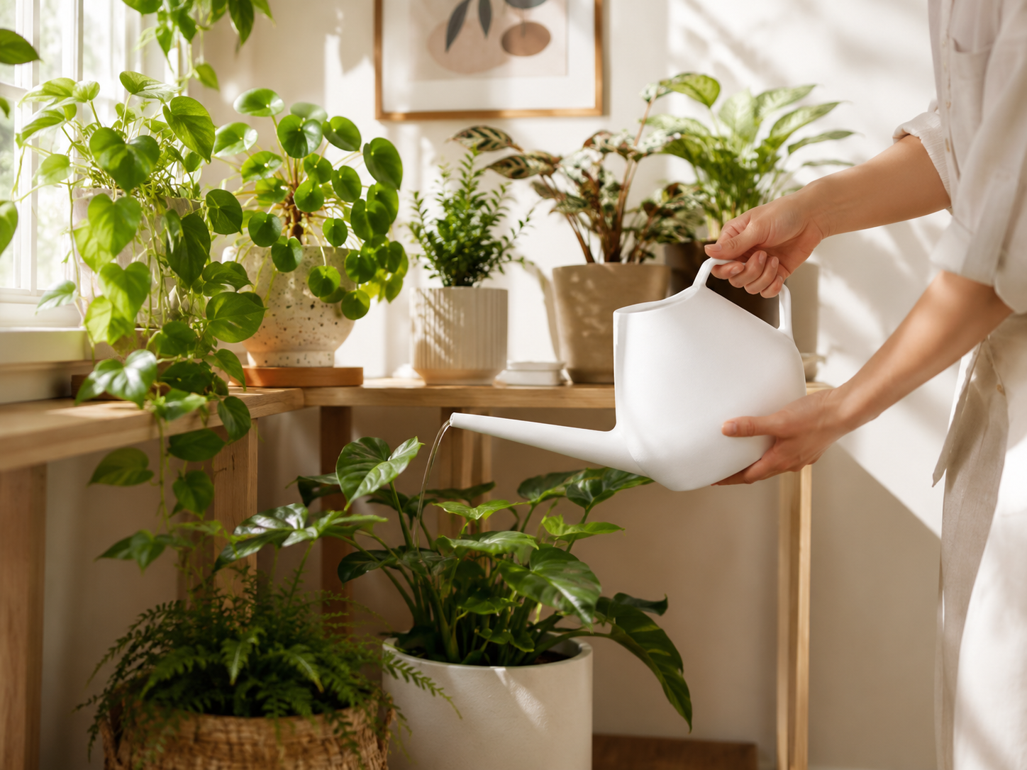 A person in a white shirt watering a green houseplant with a white ceramic watering can in a bright, sunlit indoor room with multiple potted plants on wooden shelves.