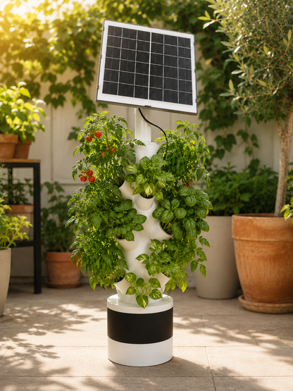 Solar-powered vertical garden with plants in an outdoor setting