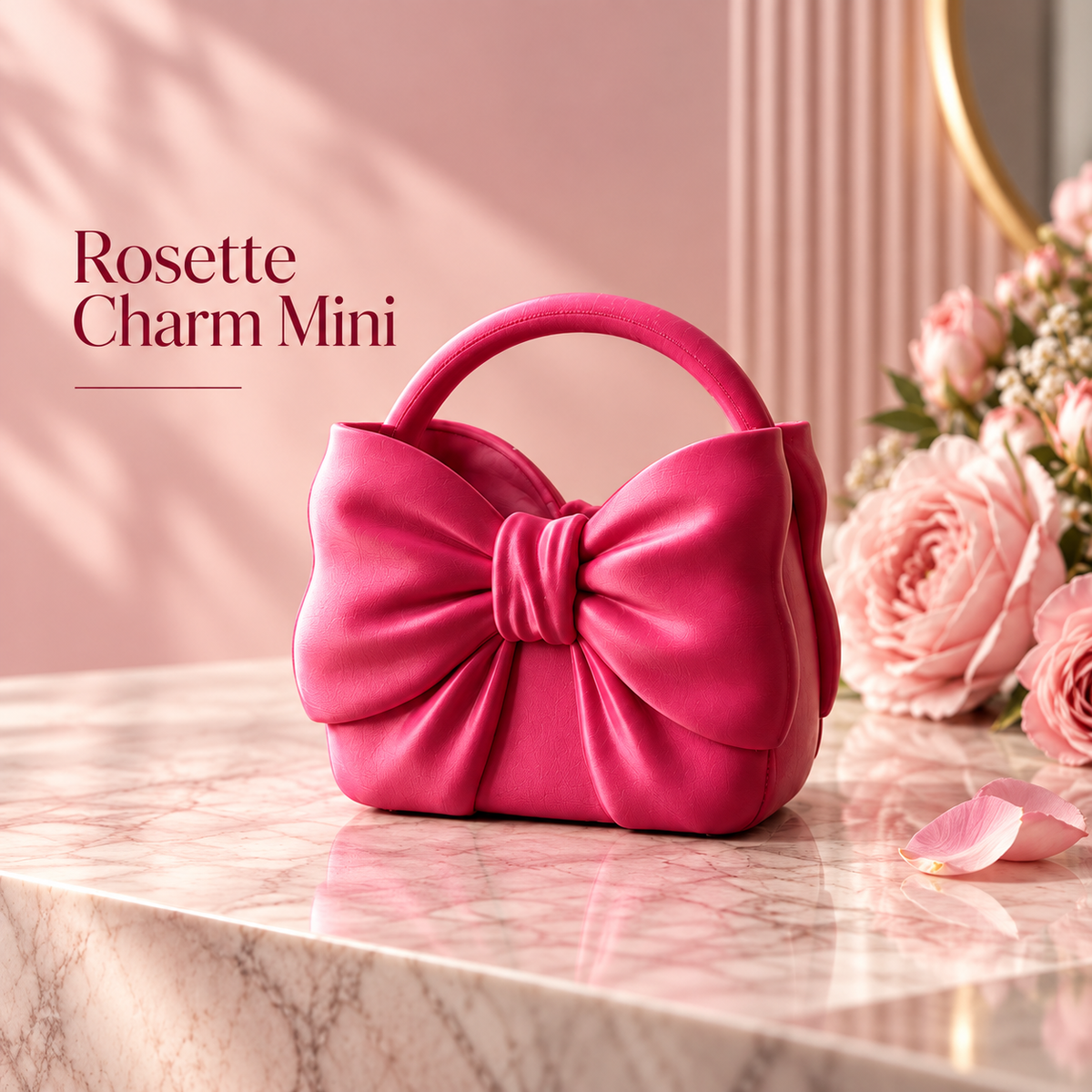 A bright pink structured handbag with a large bow on the front and a top handle, displayed on a marble surface with pink roses and the text 'Rosette Charm Mini' in the upper left.