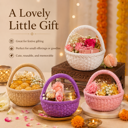 Three woven gift baskets in beige, purple, and pink, each filled with flowers and small wrapped presents, arranged on a decorated tabletop with candles and festive garlands. Large text on the left reads 'A Lovely Little Gift' with additional gift-message suggestions.