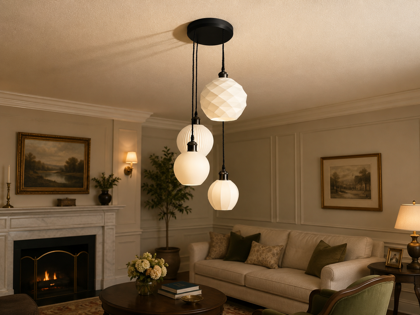 Living room with a chandelier, sofa, and fireplace.