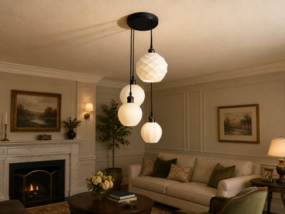 Living room with a chandelier, sofa, and fireplace.