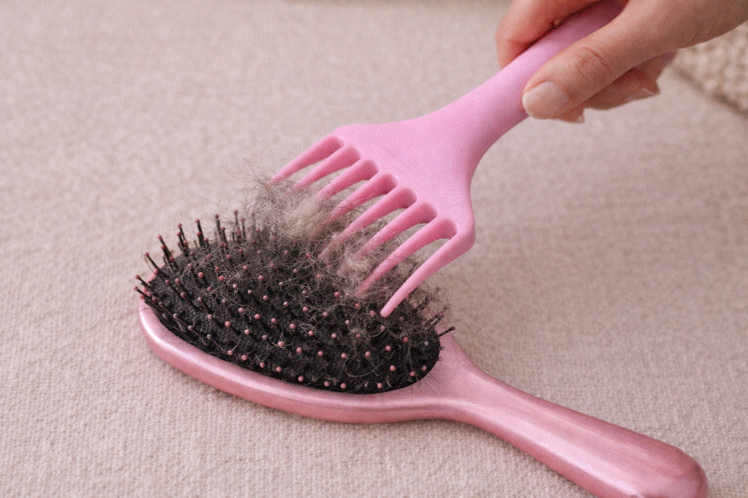 Pink hairbrush with hair detangler attachment picking up hair on a beige surface