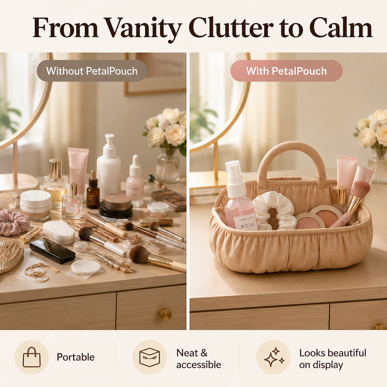A promotional comparison graphic showing a beige petal-textured cosmetic bag on a vanity. The left panel, labeled 'Without PetalPouch,' shows an unorganized makeup collection on a dresser.