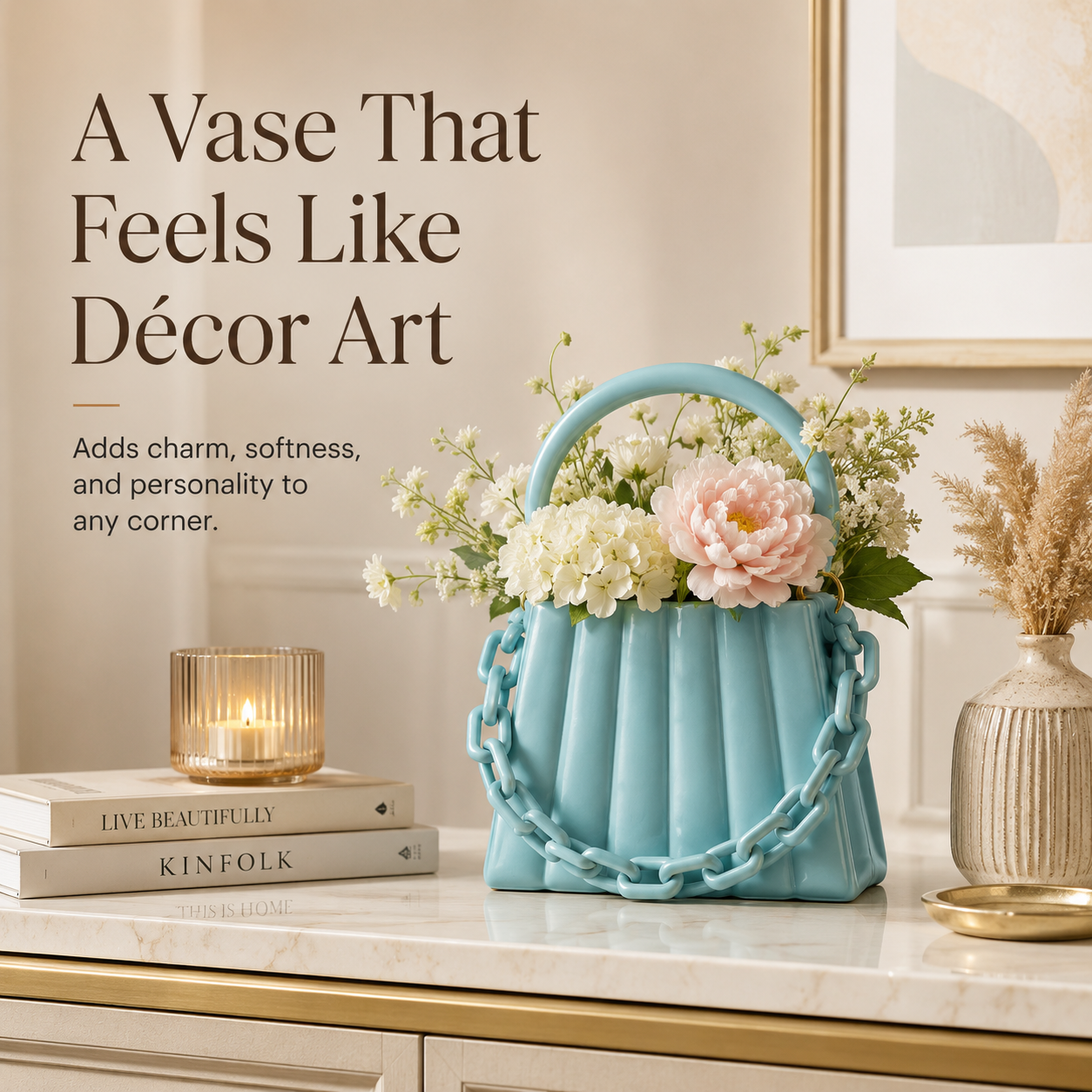 A light blue handbag-shaped vase filled with white and pink flowers, styled on a marble countertop with a candle, books, and a dried plant in a warm interior setting. Text on the left reads, 'A Vase That Feels Like Décor Art.