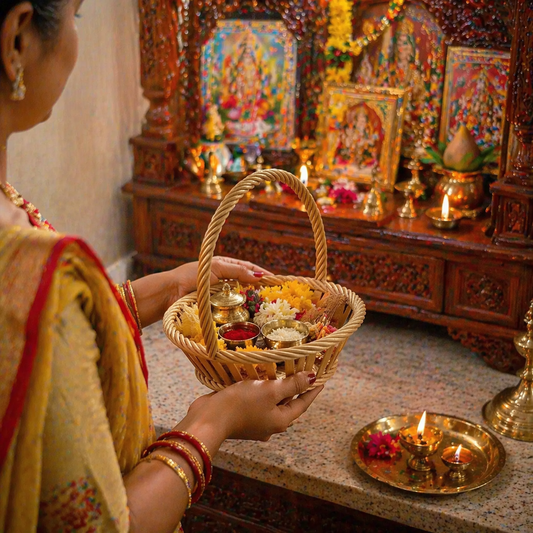 Woman in traditional attire holding a basket with offerings in front of a decorated altar.