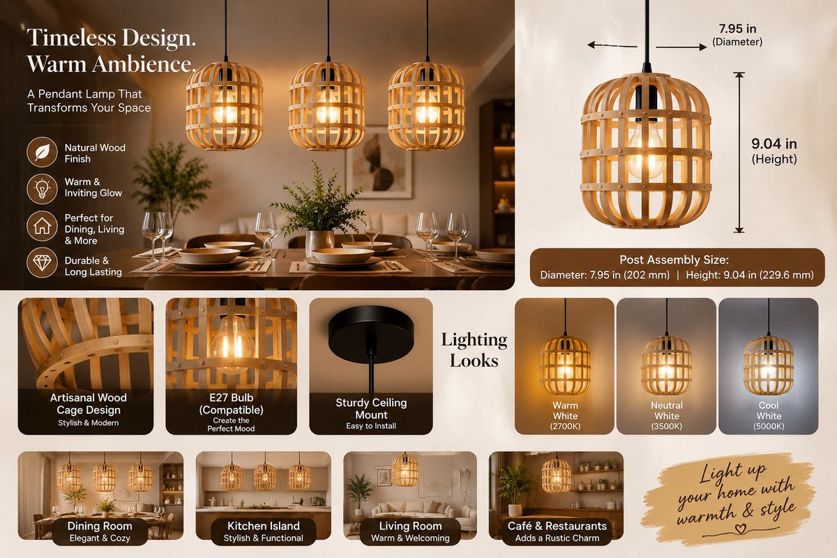 A composite marketing graphic for a hanging pendant light made of natural wood slats, shown in a dining room setting and as smaller size/lighting options. Text highlights dimensions (7.