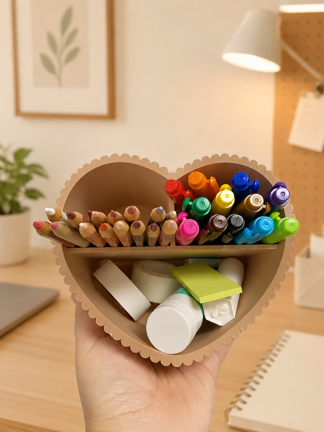 A hand holds a heart-shaped cardboard desk organizer filled with colored pencils, markers, sticky notes, and erasers in a warm, brightly lit home office setting.
