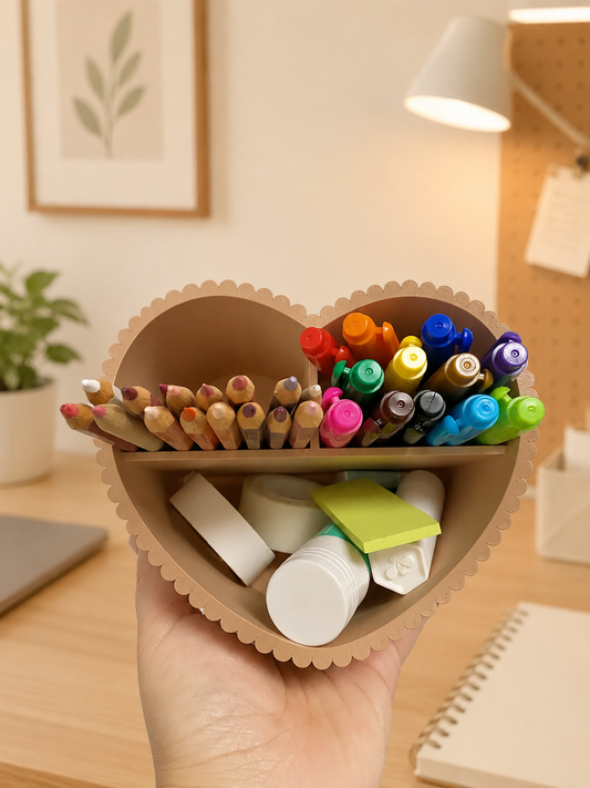 A hand holds a heart-shaped cardboard desk organizer filled with colored pencils, markers, sticky notes, and erasers in a warm, brightly lit home office setting.