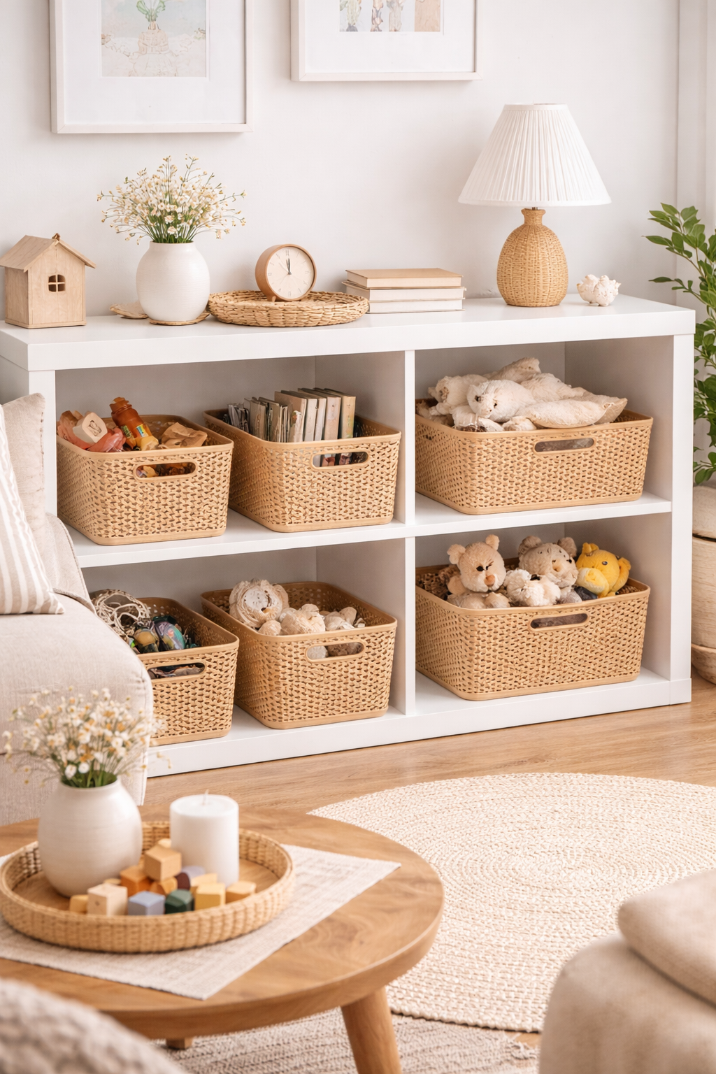 White shelf with wicker baskets containing toys and decor in a living room setting.