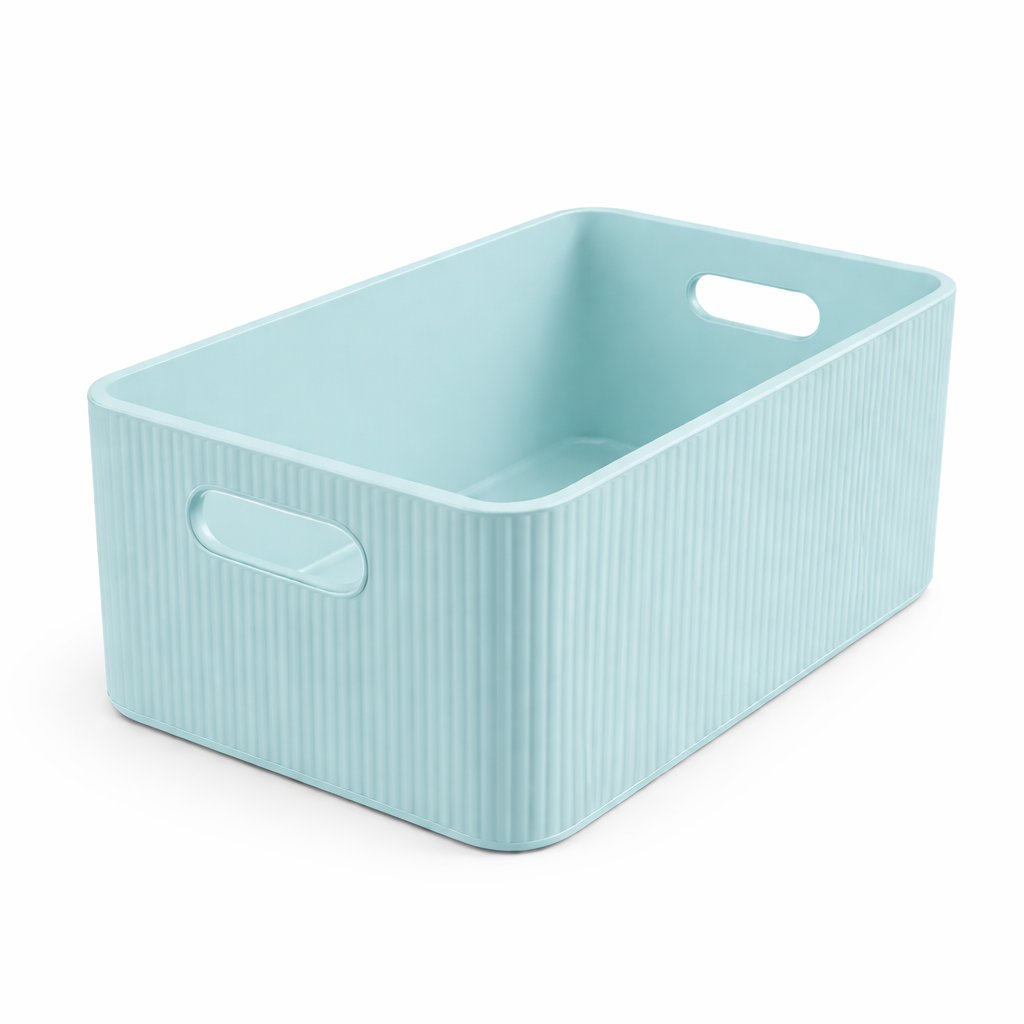 Light blue storage basket with handles on a white background