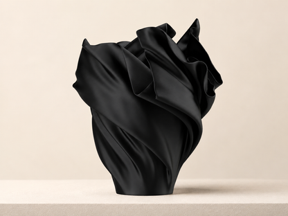 A sculptural black vase made from draped, gathered fabric, standing on a light beige surface against a matching beige background.