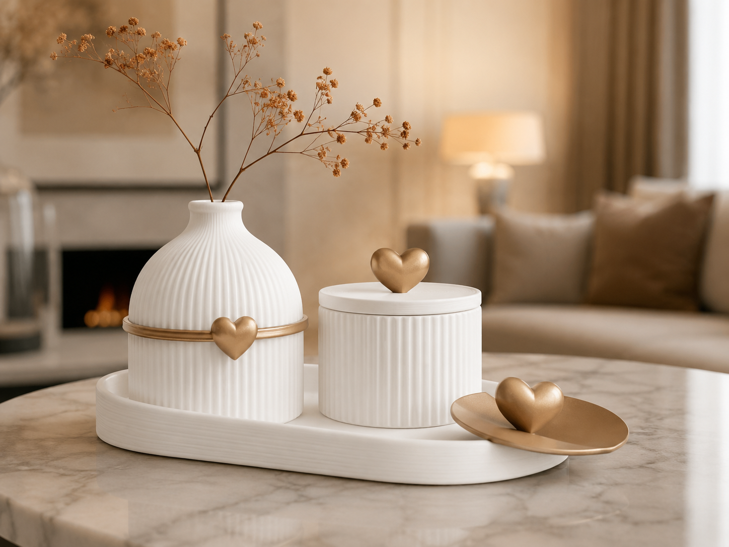 A styled home decor set featuring two white ribbed ceramic containers with gold heart accents and a matching gold tray, displayed on a marble table in a warm, modern living room setting.