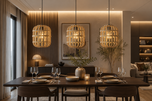 Dining room with wooden table, chairs, and decorative lighting fixtures.