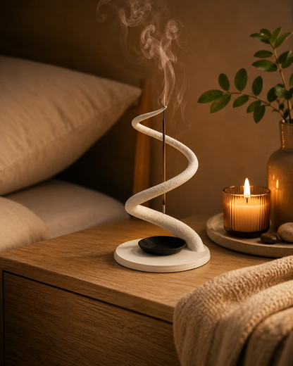 A white spiral incense holder with a smoking incense stick and a small black dish, styled on a wooden bedside table next to a lit candle and a pillow in a warm bedroom setting.