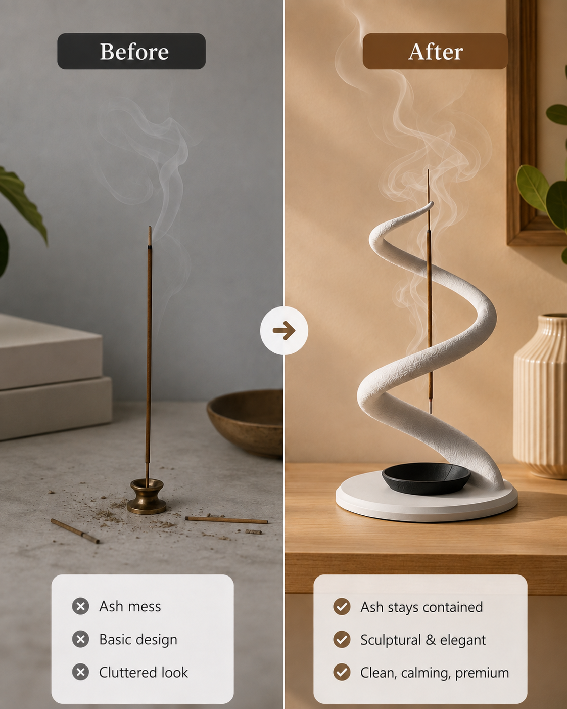 Before-and-after comparison of an incense holder. The left 'Before' side shows a single smoking incense stick on a small brass holder with scattered ash on a gray surface.