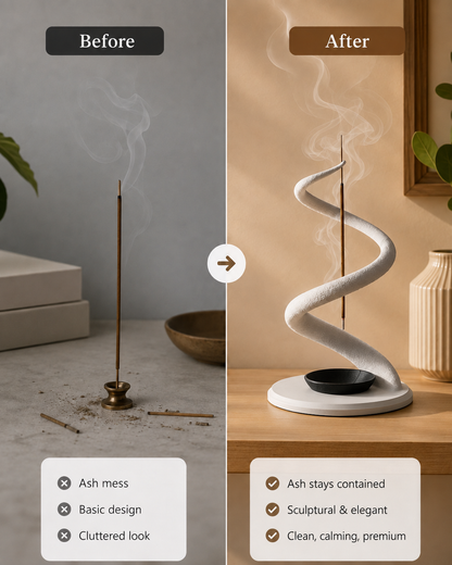 Before-and-after comparison of an incense holder. The left 'Before' side shows a single smoking incense stick on a small brass holder with scattered ash on a gray surface.