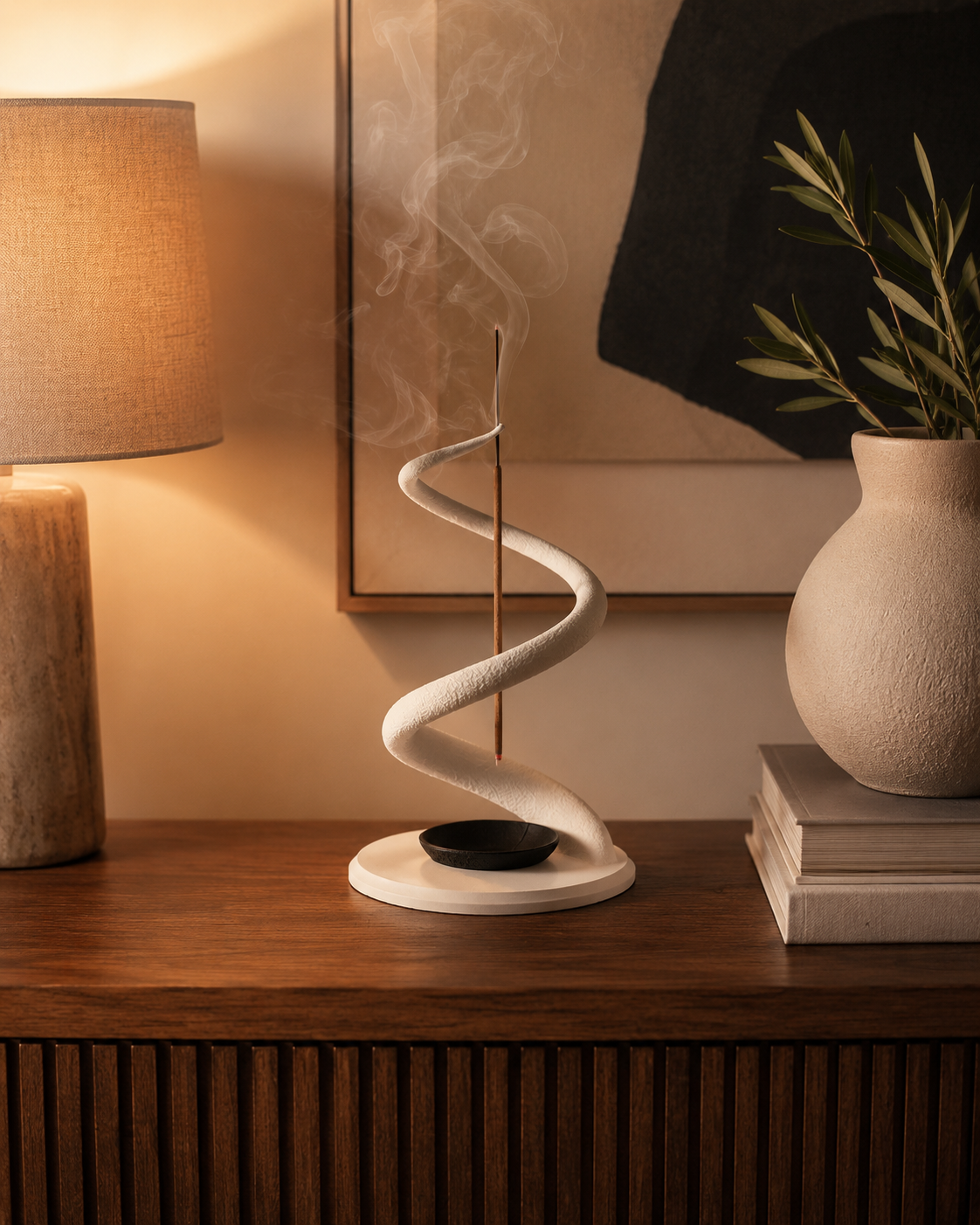 A white spiral incense holder with a black bowl, shown on a wooden console table in a warm, styled room setting with a lamp, framed art, and a vase.