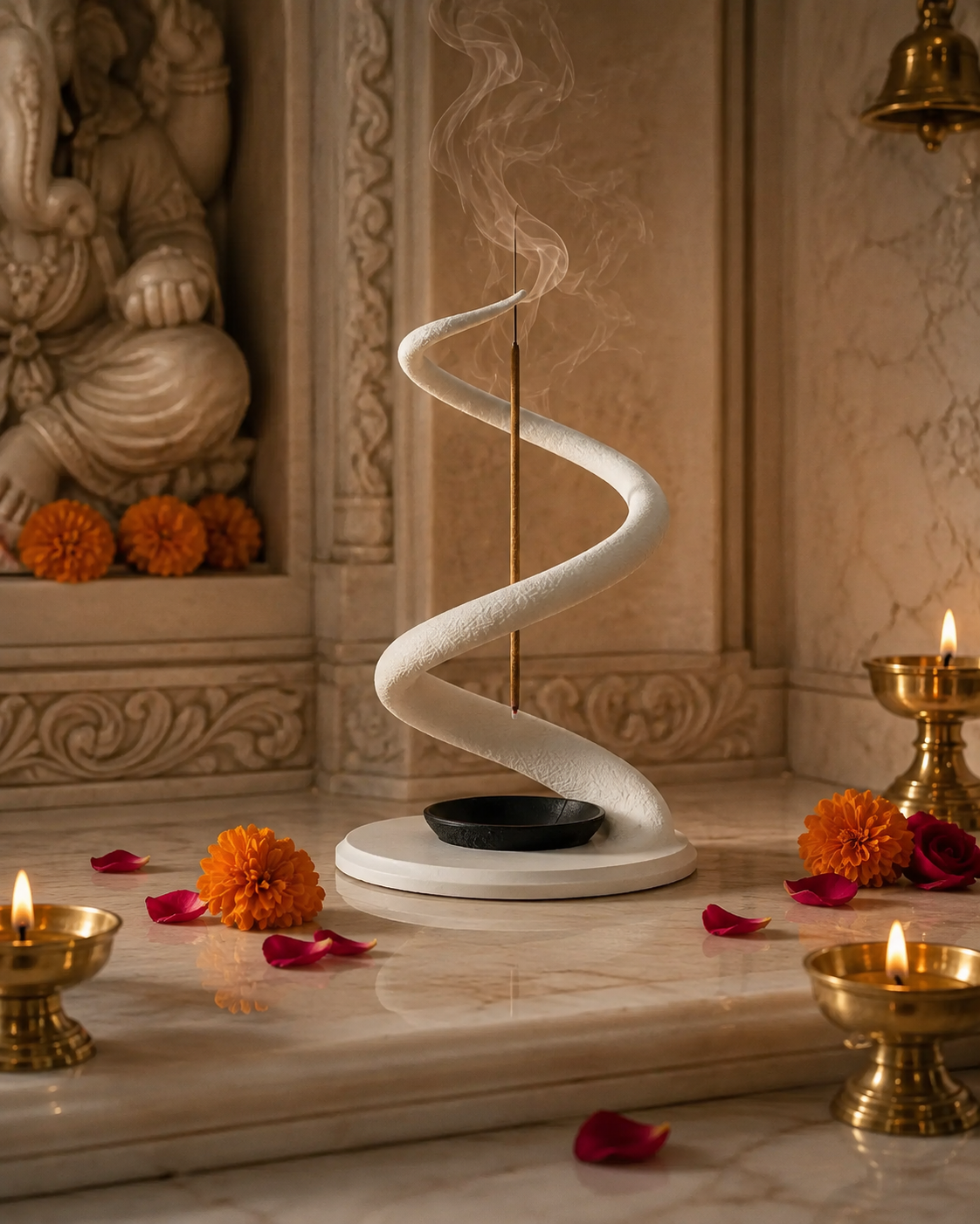 A white spiral incense holder with a smoking incense stick, displayed on a marble altar with lit brass oil lamps, orange marigold flowers, and scattered rose petals in a warm, decorative interior setting.