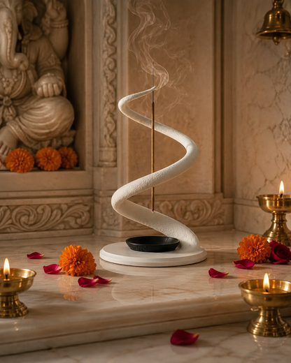 A white spiral incense holder with a smoking incense stick, displayed on a marble altar with lit brass oil lamps, orange marigold flowers, and scattered rose petals in a warm, decorative interior setting.