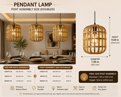 A product infographic for a pendant lamp made of natural wood slats. The image shows the lamp in a styled dining room setting, a detailed 3D rendering of the hanging cage lamp on the right with dimensions (7.