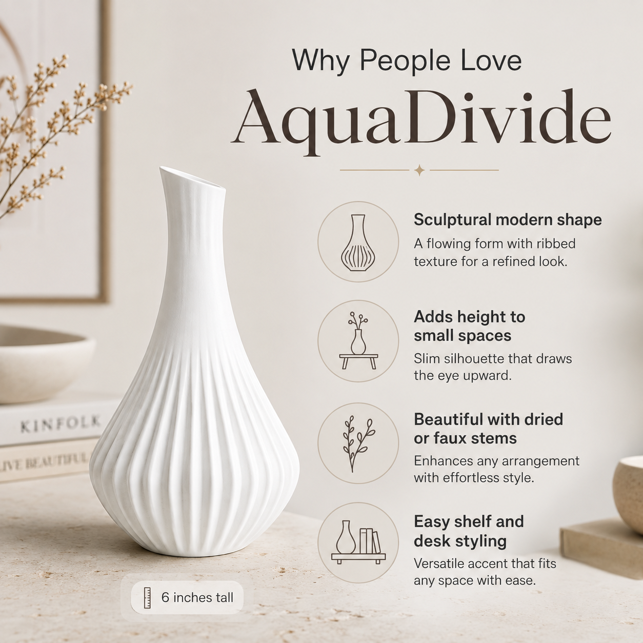 A white ribbed ceramic vase with a flared neck, styled on a tabletop next to a book and dried stems, with marketing text on the right describing the AquaDivide design.