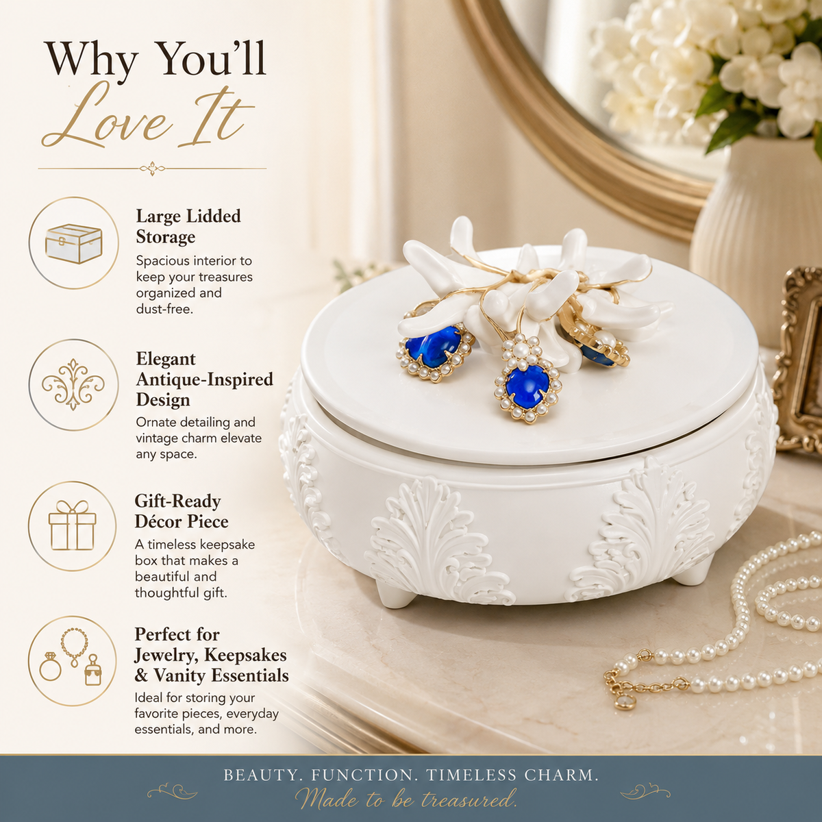 White ornate jewelry box with a hinged lid and decorative blue gemstone accents, shown on a styled beige background with promotional text and jewelry props.