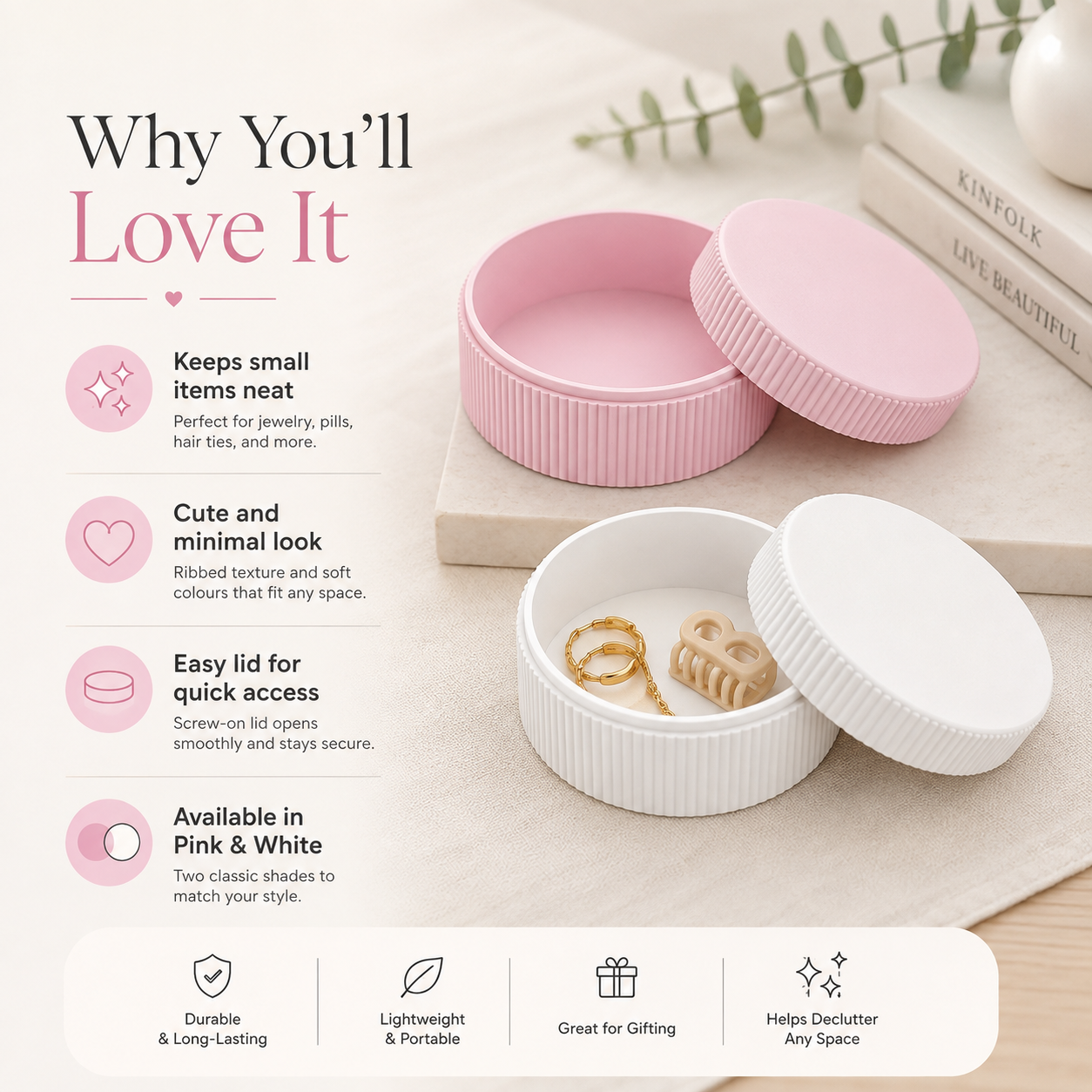 Two round screw-on jewelry boxes shown on a light beige background, one pink and one white, with the pink lid open to reveal small rings inside. Text on the left lists benefits, and books and a sprig of greenery appear in the background.