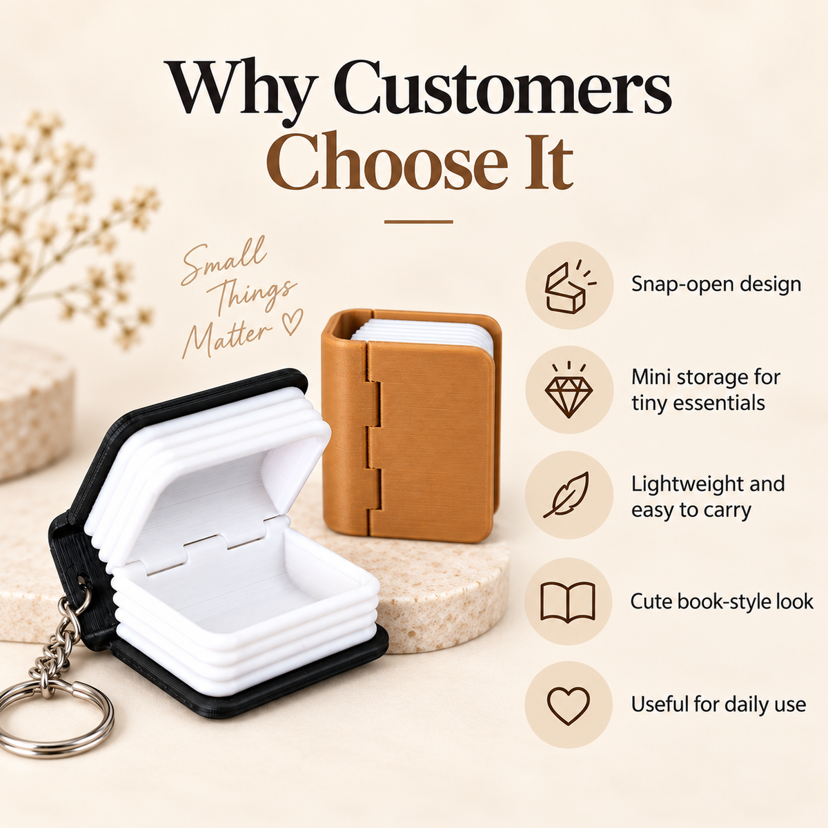 A book-style mini storage keychain shown in two colors: one open black-and-white version and one closed tan-brown version, with marketing text and feature icons on a beige background.