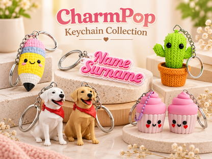 CharmPop Keychain Collection display featuring multiple cute keychains: a crocheted pencil, a green cactus in a pot, a white dog with a red bandana, a tan dog with a red bandana, and two pink cupcake keychains. A central acrylic nameplate reads 'Name Surname'.
