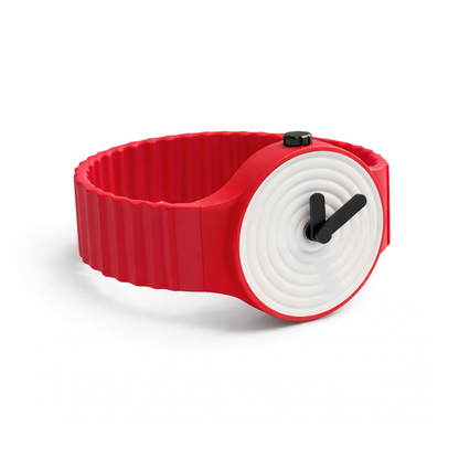 Red and white wristwatch with a unique design on a white background