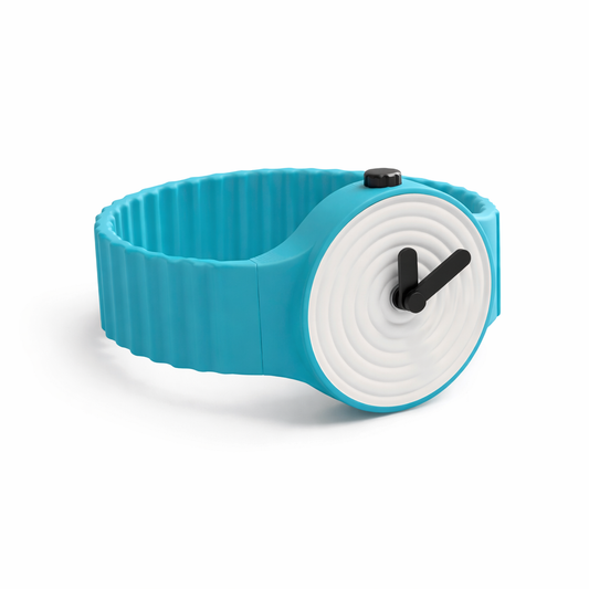 Blue and white wristband with a circular design on a white background