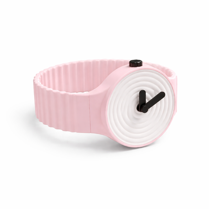 Pink wristwatch with a white face and black hands on a white background