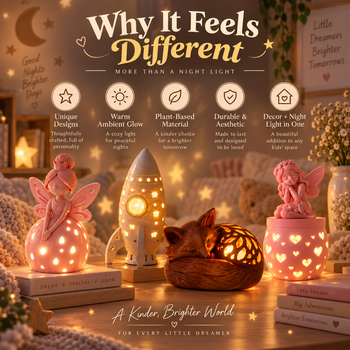 A cozy nursery-style scene showing multiple decorative night lights: a pink fairy lamp on a book, a rocket-shaped glowing lamp, a sleeping fox figurine casting warm light, and a pink heart-patterned candle holder. Text overlays describe the products' features, and the scene is styled with soft warm lighting and books in the background.