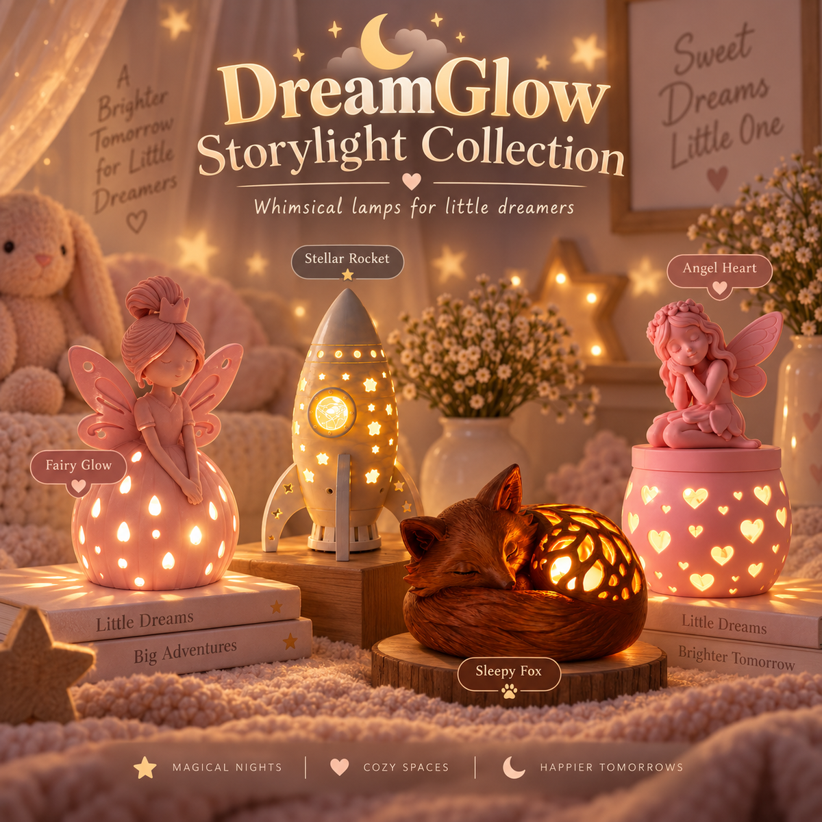 A cozy bedroom scene featuring three DreamGlow storylight lamps: a pink fairy lamp on books, a metallic rocket lamp, and a sleeping fox lamp on a wood slice. The scene is warmly lit with plush toys, flowers, and star decorations, under a large 'DreamGlow Storylight Collection' title overlay.