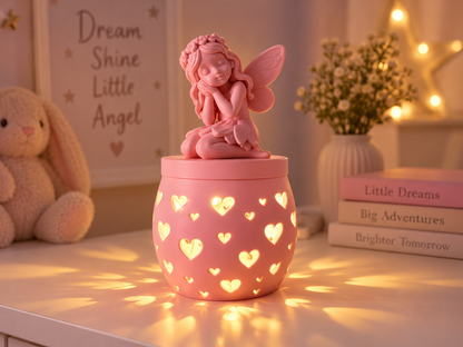 A pink fairy figurine sits atop a matching pink heart-lit container on a tabletop, with warm ambient lighting and cozy room decor in the background.