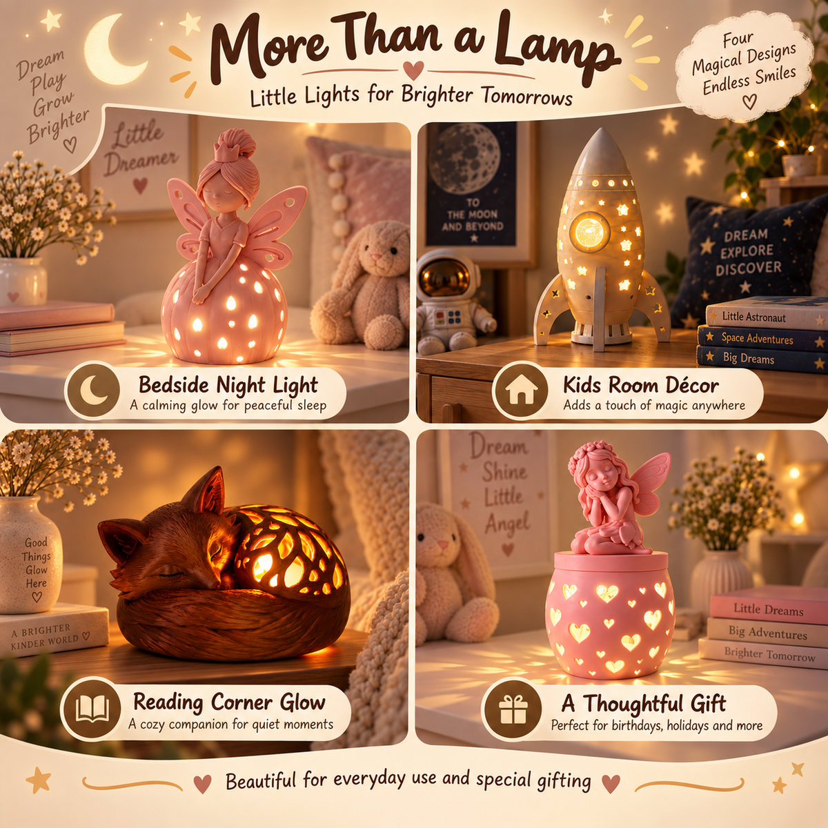 A four-panel promotional collage for decorative night lights and room decor. The top text reads 'More Than a Lamp' and 'Little Lights for Brighter Tomorrow.