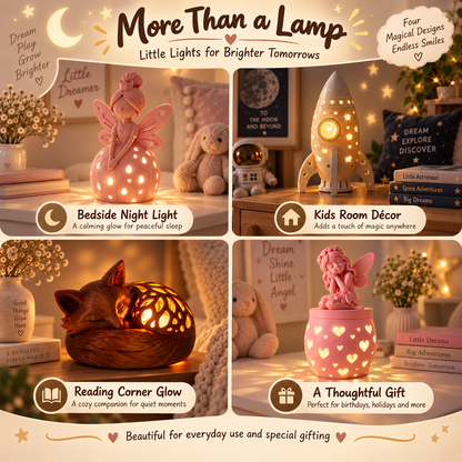 A four-panel promotional collage for decorative night lights and room decor. The top text reads 'More Than a Lamp' and 'Little Lights for Brighter Tomorrow.