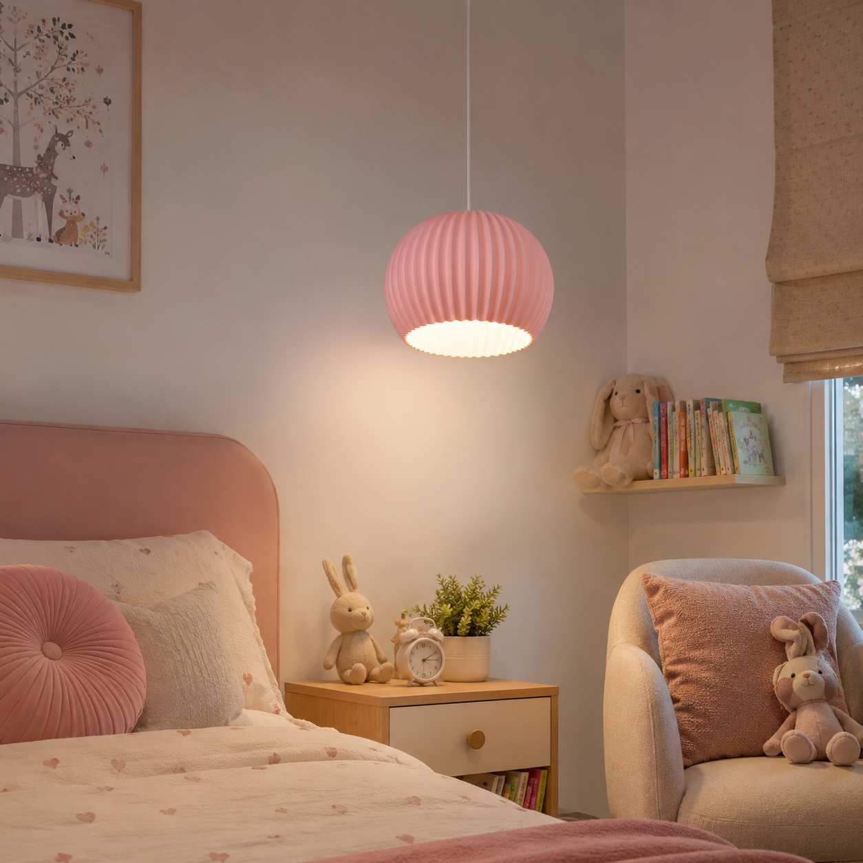 A pink pleated paper lantern-style pendant light hangs over a child's bed in a softly styled bedroom with a pink headboard, white bedding, a small nightstand, stuffed toys, and a chair by a window.