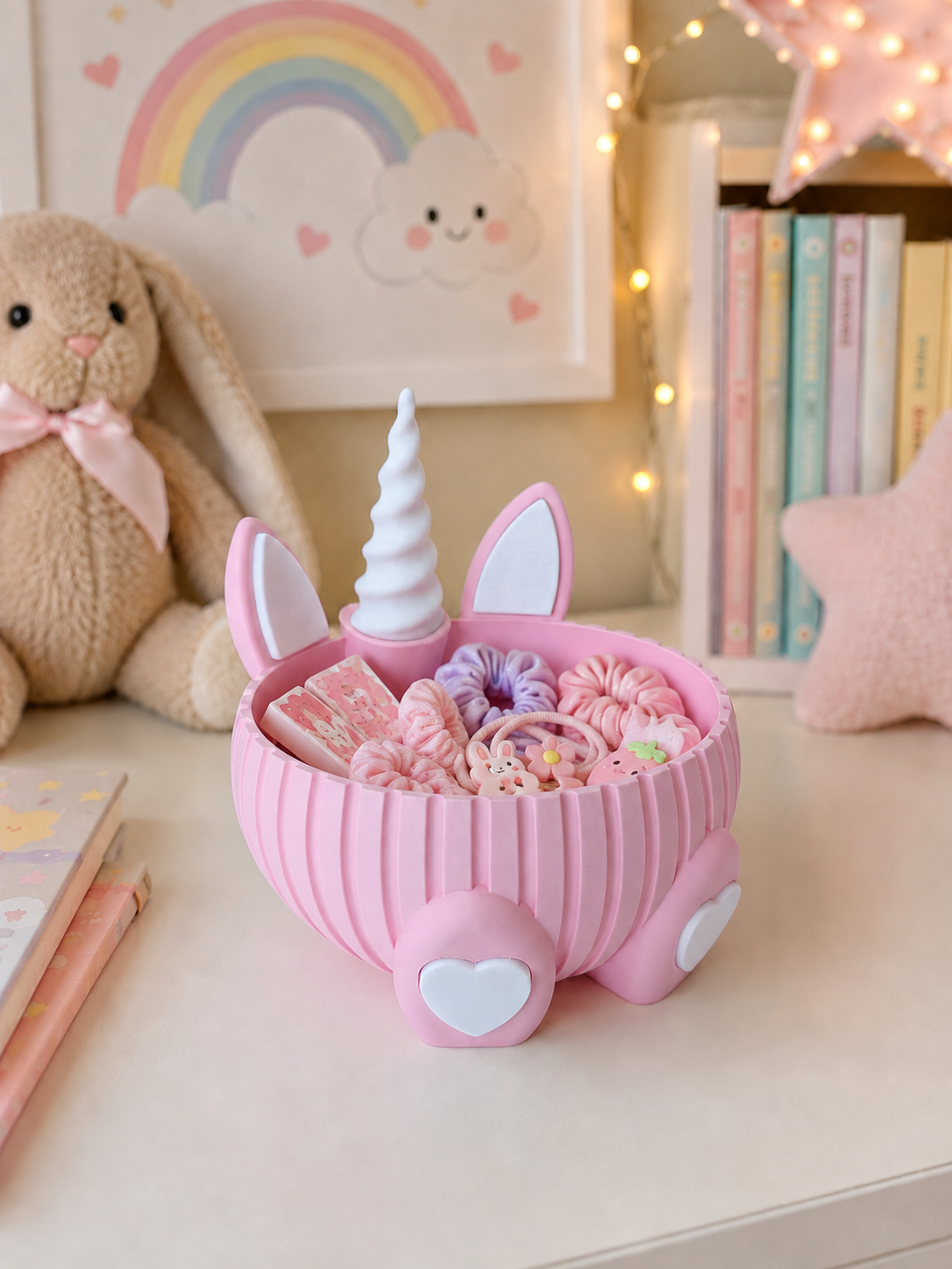 A pink bunny-shaped hair accessory organizer with a white unicorn horn, styled on a desk with a plush bunny, books, and fairy lights in the background.